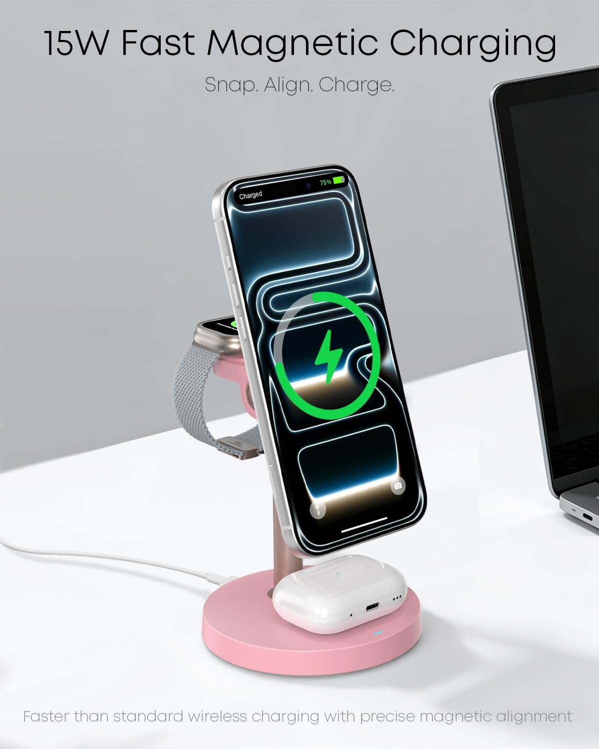 3 in 1 Magnetic Wireless Charging Station, 15W Fast Charger Stand for iPhone, Phone Charger Stand for Desk Nightstand, for iPhone 17/16/15/14/13/12, Apple Watch & AirPods, Adapter Not Included -Pink
