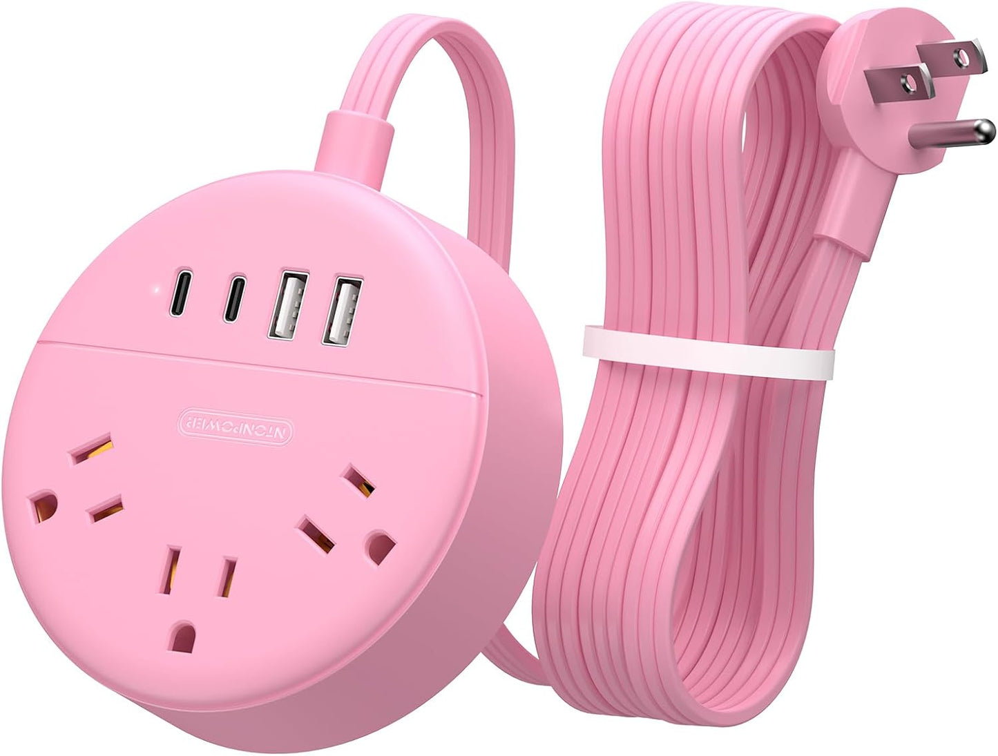 NTONPOWER Pink Extension Cord 5ft, Cute Power Strip with 3 AC Outlets & 2 USB C & 2 USB A, Flat Extension Cord, Wall Mount, Flat Plug Power Strip for Home, Dorm, Vanity Desk, Women Essential