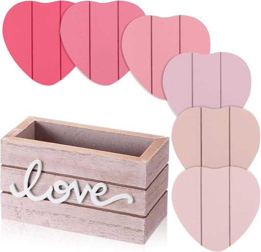 Patelai Set of 6 Wooden Heart Coasters House Warming Gifts New Home White Elephant Gifts for Adults Funny Farmhouse Coasters with Holder for Coffee Table Protection Decoration(Love,Pink)