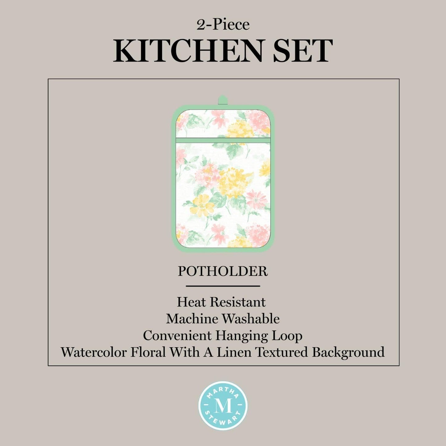 Martha Stewart Amber Floral Oven Mitt & Pot Holder Set 2-Pack, Pink/Yellow, OM: 7"x13" & PH: 7"x10"