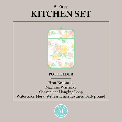 Martha Stewart Amber Floral Oven Mitt & Pot Holder Set 2-Pack, Pink/Yellow, OM: 7"x13" & PH: 7"x10"