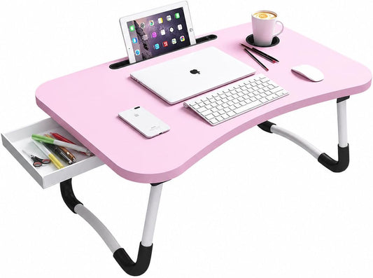 Foldable Lap Desk, 23.6 Inch Portable Wood Laptop Desk Table Workspace Organizer Bed Tray with iPad Slots, Cup Holder and Drawer, Anti-Slip for Working Reading Writing, Eating, Watching-Pink