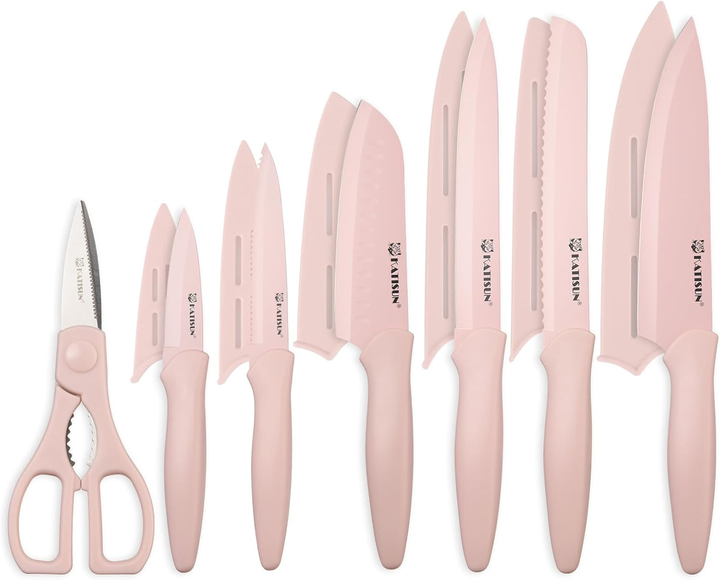 Kitchen Knife Set with Guards, 13 Piece Pink Non-Stick Boxed Knives Set, Anti-Rust and Dishwasher Safe, 6 Knives with 6 Blade Covers and Kitchen Shears