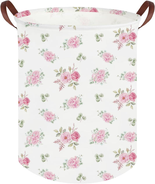 Pink Flower Laundry Basket,Nursery Baskets Girl Baby Storage Bins,Baby Girls Nursery Hamper,Waterproof foldable laundry basket,Gift Baskets,Pink Rose room Decor(Pink Rose)