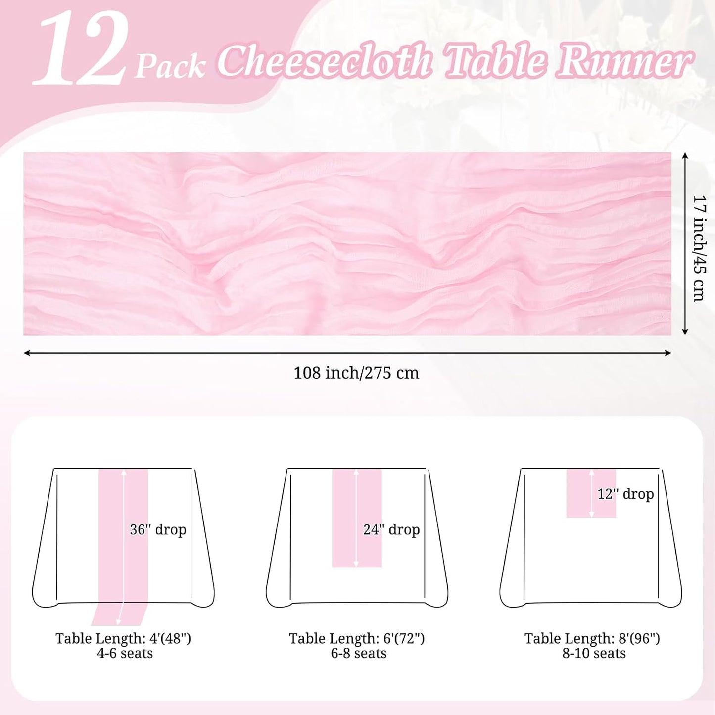YMHPRIDE 12 Pack Light Pink Cheesecloth Table Runner 17 x 108 inch Table Runner Long Boho Cheese Cloth Gauze Semi Sheer Cheese Cloth Table Runners for Wedding Party Birthday Baby Shower
