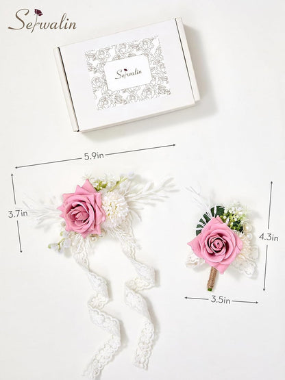 Serwalin Pink Corsage and Boutonniere Set, Boutonniere for Men and Wrist Corsage Wristlet Prom Homecoming Wedding Flowers Accessories Party Suit Decorations