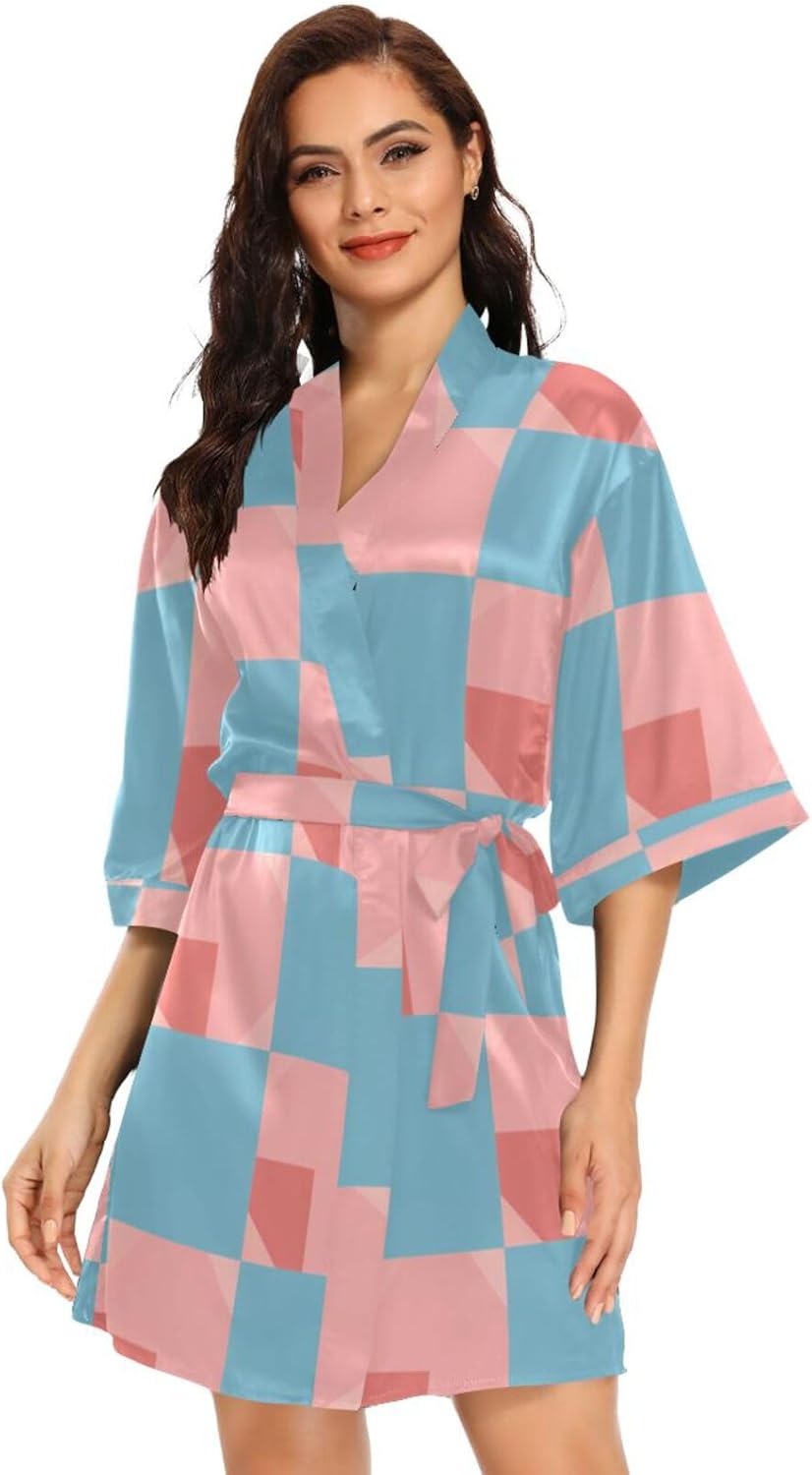 Light Blue and Blush Checkered Pattern Womans Bathrobes Comfy Bath Robes Female for Bathroom