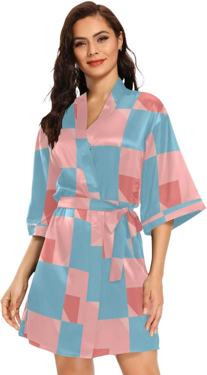 Light Blue and Blush Checkered Pattern Womans Bathrobes Comfy Bath Robes Female for Bathroom