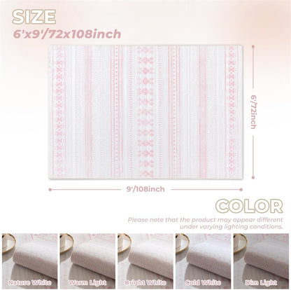 6x9 Washable Area Rug, Boho Moroccan Farmhouse Neutral Low Pile Carpet, Soft Non-Slip Rugs for Living Room Bedroom Dining Room Nursery Dorm Home Decor, Pink & White