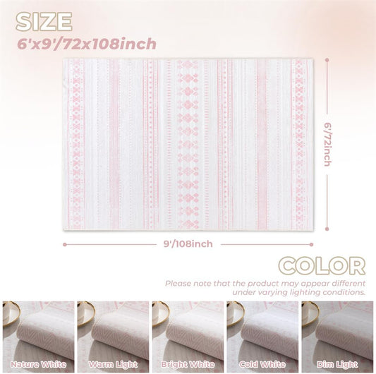 6x9 Washable Area Rug, Boho Moroccan Farmhouse Neutral Low Pile Carpet, Soft Non-Slip Rugs for Living Room Bedroom Dining Room Nursery Dorm Home Decor, Pink & White