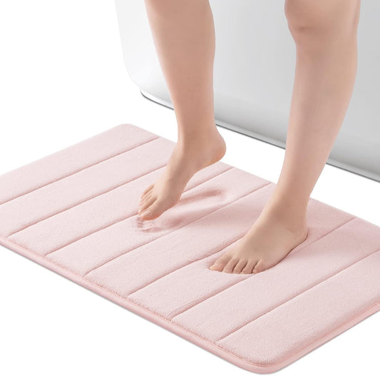 ROSMARUS Memory Foam Bath Mat 17” x 24”, Water Absorbent Bath Mats for Bathroom, Non Slip Washable Bathroom Rugs for Shower, Ultra Soft Bathroom Mats for Floor & Tub, Pink