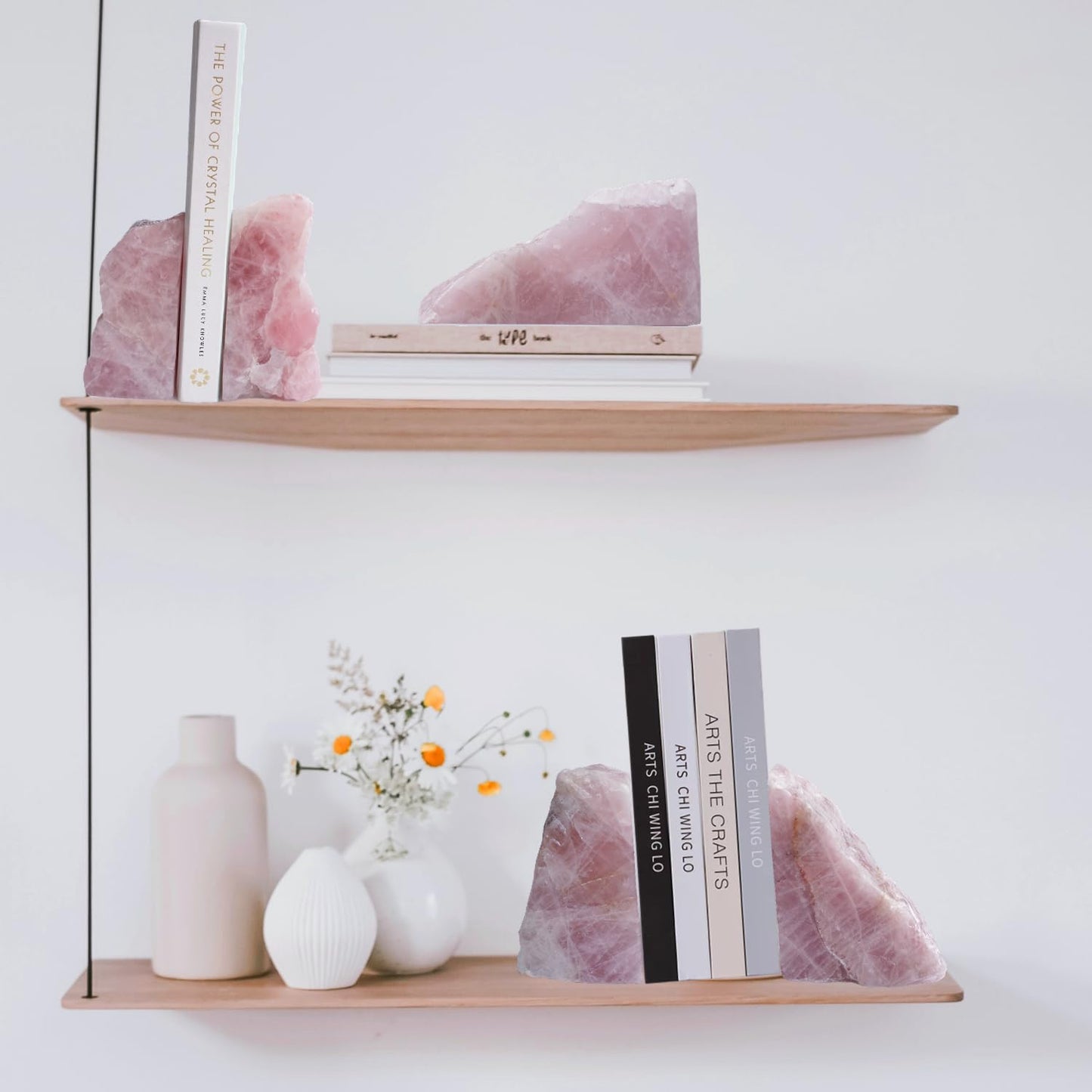 Rose Quartz Bookends - Decorative Stone Book Ends for Office Home Decor, Pink Crystal Book Lover Gift (1 Pair, 2-3 Lbs with Non-Slip Bumpers)