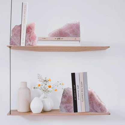 Rose Quartz Bookends - Decorative Stone Book Ends for Office Home Decor, Pink Crystal Book Lover Gift (1 Pair, 2-3 Lbs with Non-Slip Bumpers)