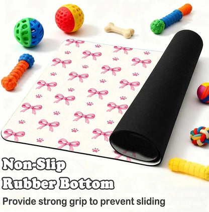 Pink Bow Dog Food Mat for Pet Cat Food Mat, Paws Absorbent Quick Dry Dog Bowl Mats for Food and Water, Non-Slip Cat Pet Feeding Mats for Floor Placemats 12"x20"