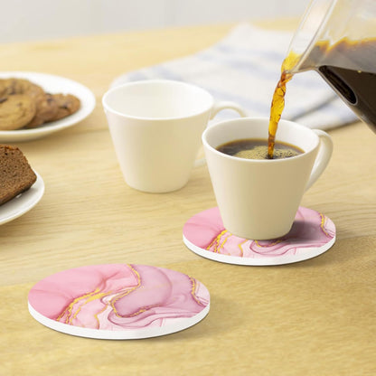 Pink Coasters Set of 6, Absorbent Ceramic Coasters for Drinks with Gold Holder, Cork Backing, for Table Home Kitchen Decor Housewarming