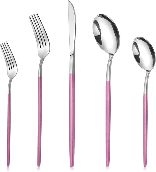 20-Piece Silverware Set With Pink Handle,LAZAHOME Stainless Steel Cutlery Set Service for 4,Kitchen Utensils Set Included Knife Spoon and Fork Set- Mirror Polished & Dishwasher Safe
