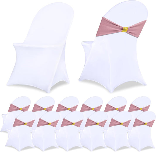 Moukeren 24 Pack White Folding Chair Cover Set with 12pcs Stretch Spandex Chair Slipcovers 12pcs Buckle Sashes Bow for Wedding Banquets Parties Events(Gray Pink)