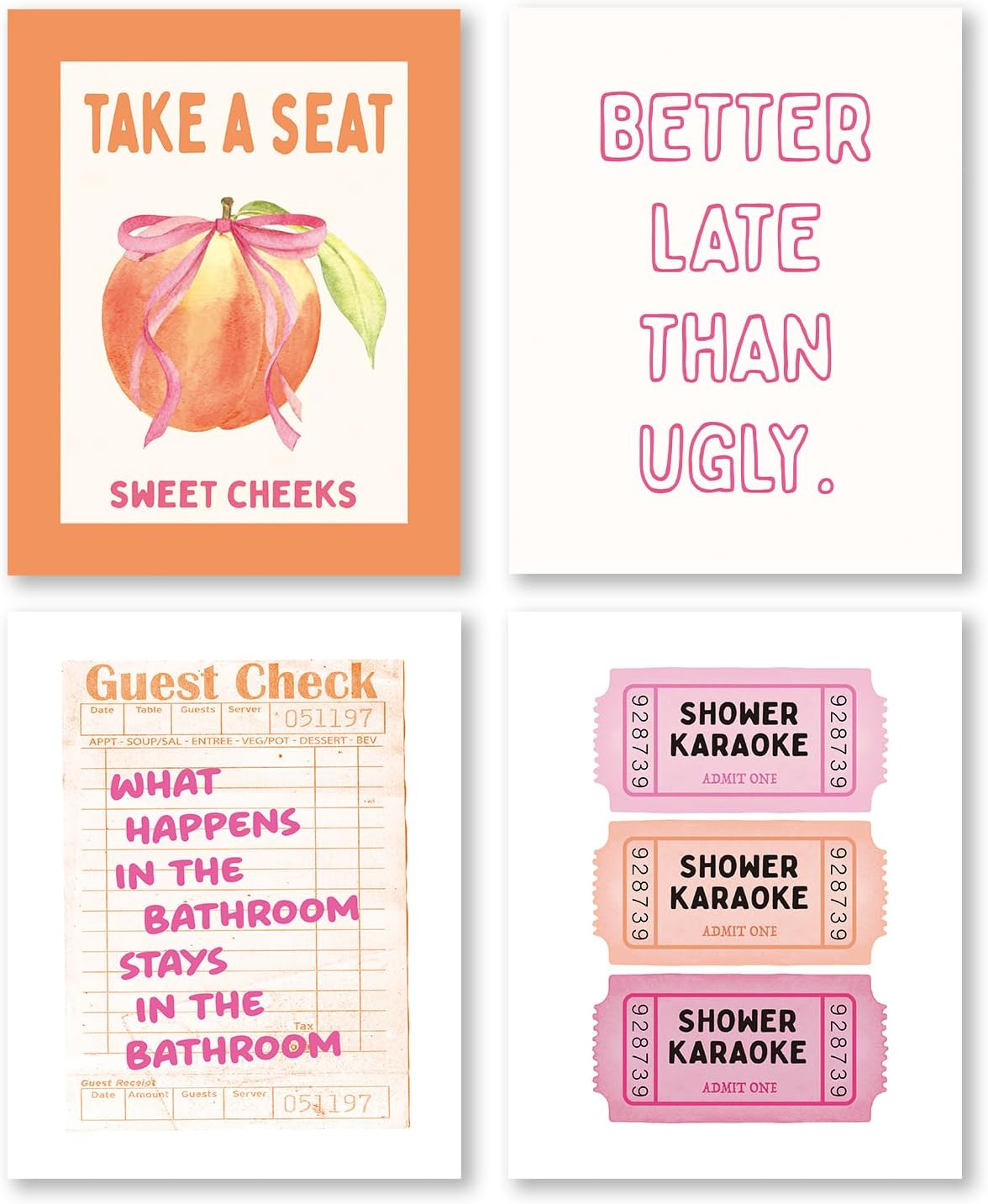 Pink Preppy Funny Bathroom Canvas Wall Art Prints 8x10 Inch Set of 4, Trendy Retro Pink and Orange Sweet Cheeks Shower Karaoke Peach Pictures Wall Decor for Girls Bathroom Bedroom, Unframed