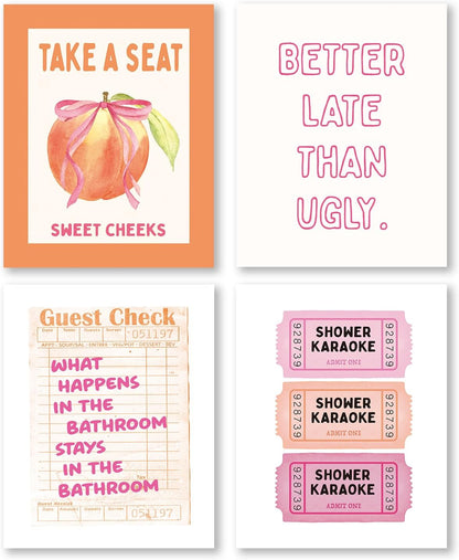 Pink Preppy Funny Bathroom Canvas Wall Art Prints 8x10 Inch Set of 4, Trendy Retro Pink and Orange Sweet Cheeks Shower Karaoke Peach Pictures Wall Decor for Girls Bathroom Bedroom, Unframed