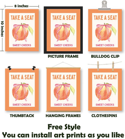 Pink Preppy Funny Bathroom Canvas Wall Art Prints 8x10 Inch Set of 4, Trendy Retro Pink and Orange Sweet Cheeks Shower Karaoke Peach Pictures Wall Decor for Girls Bathroom Bedroom, Unframed