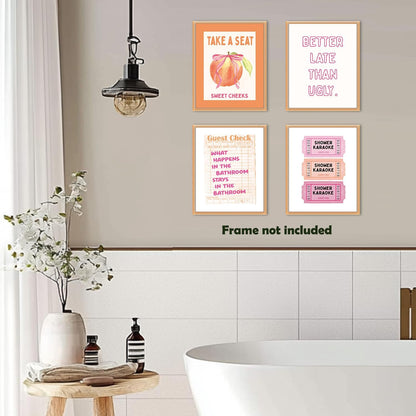 Pink Preppy Funny Bathroom Canvas Wall Art Prints 8x10 Inch Set of 4, Trendy Retro Pink and Orange Sweet Cheeks Shower Karaoke Peach Pictures Wall Decor for Girls Bathroom Bedroom, Unframed