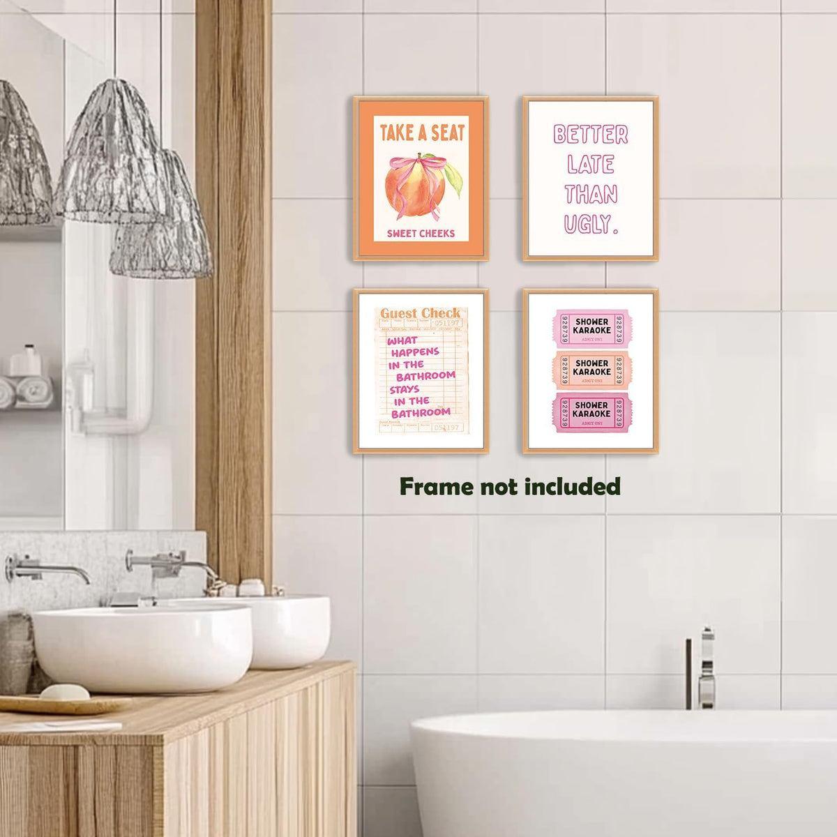 Pink Preppy Funny Bathroom Canvas Wall Art Prints 8x10 Inch Set of 4, Trendy Retro Pink and Orange Sweet Cheeks Shower Karaoke Peach Pictures Wall Decor for Girls Bathroom Bedroom, Unframed