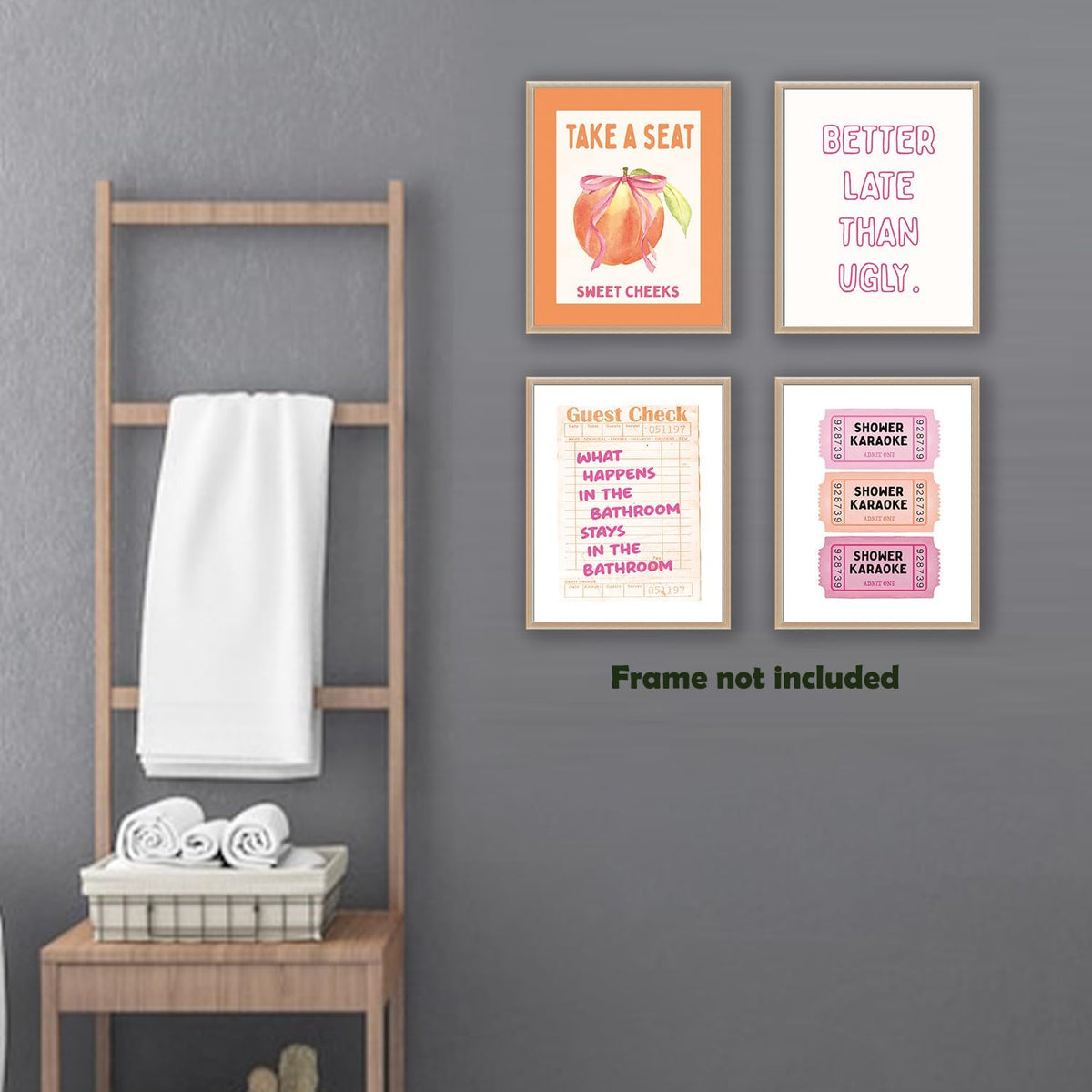 Pink Preppy Funny Bathroom Canvas Wall Art Prints 8x10 Inch Set of 4, Trendy Retro Pink and Orange Sweet Cheeks Shower Karaoke Peach Pictures Wall Decor for Girls Bathroom Bedroom, Unframed