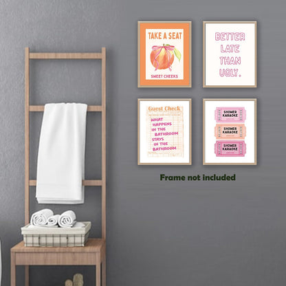 Pink Preppy Funny Bathroom Canvas Wall Art Prints 8x10 Inch Set of 4, Trendy Retro Pink and Orange Sweet Cheeks Shower Karaoke Peach Pictures Wall Decor for Girls Bathroom Bedroom, Unframed