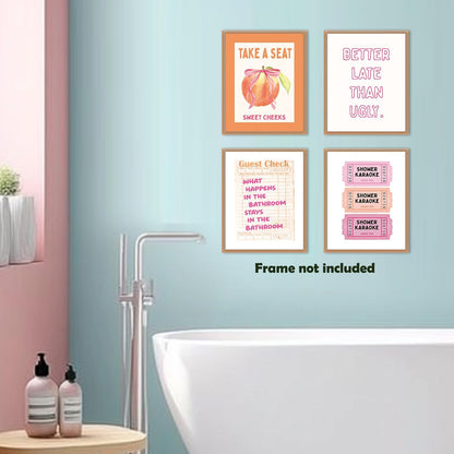 Pink Preppy Funny Bathroom Canvas Wall Art Prints 8x10 Inch Set of 4, Trendy Retro Pink and Orange Sweet Cheeks Shower Karaoke Peach Pictures Wall Decor for Girls Bathroom Bedroom, Unframed