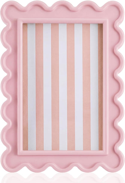 AceOrbit 4x6 Inches Light Pink Flower Wavy Scalloped Picture Frame Cute Wavy Edge Wooden Real Glass Photo Frame for Desktop Display Home Decoration Family Friends Wedding Graduation Gifts