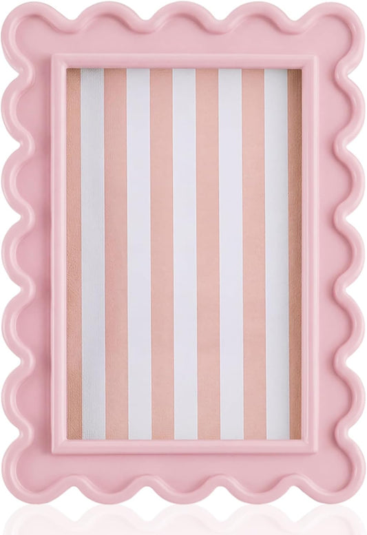 AceOrbit 4x6 Inches Light Pink Flower Wavy Scalloped Picture Frame Cute Wavy Edge Wooden Real Glass Photo Frame for Desktop Display Home Decoration Family Friends Wedding Graduation Gifts