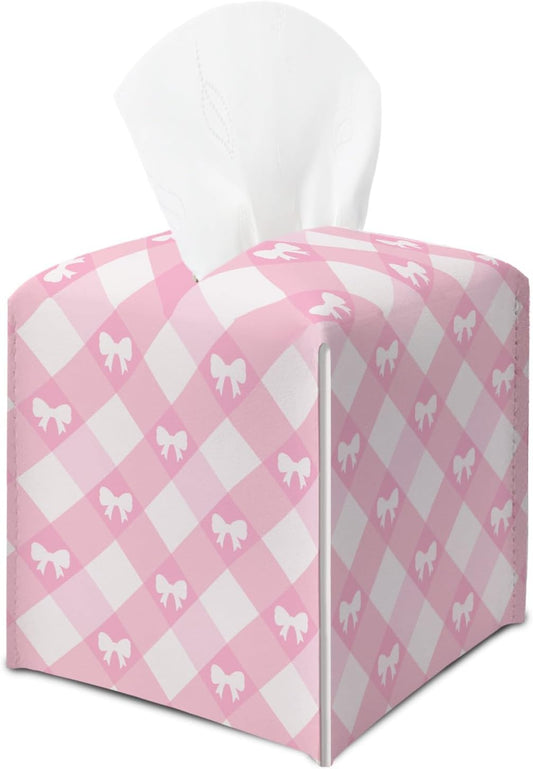 Pink Gingham Bow Tissue Box Cover, Square Tissue Box Cover Leather Tissues Holder, Facial Paper Organizer Dispenser for Home Bathroom Office Bedroom Tabletop Decor -20