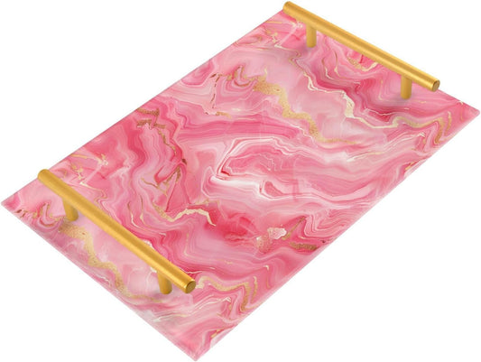 Peach Marble Decorative Acrylic Acrylic Tray with Handles Decorative Serving Trays for Jewelry Perfume for Room Service bandeja Blanca para servir