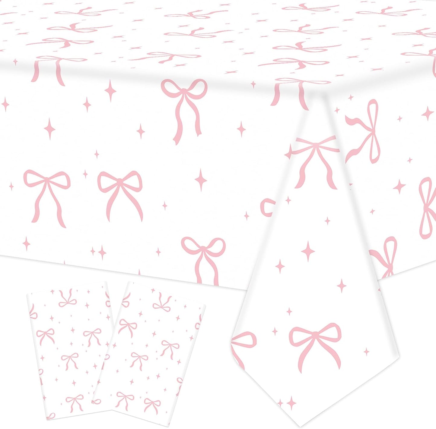 2 PCS Pink Bow Tablecloth Bow Theme Plastic Table Cover Rectangle Coquette Disposable Party Tablecloth for Women Girls Birthday Bridal Bachelorette Party Decor