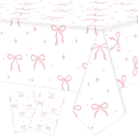 2 PCS Pink Bow Tablecloth Bow Theme Plastic Table Cover Rectangle Coquette Disposable Party Tablecloth for Women Girls Birthday Bridal Bachelorette Party Decor