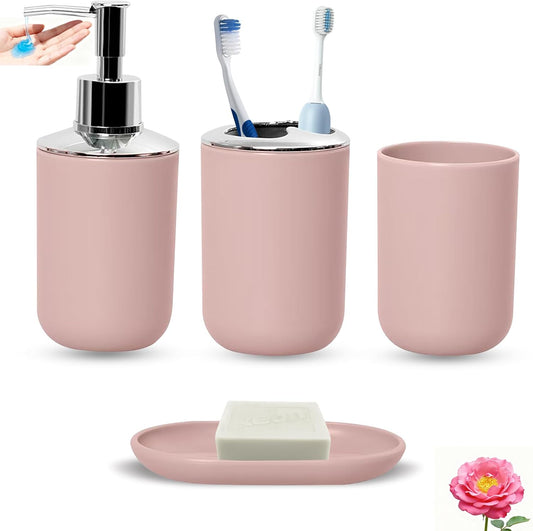 Matte Pink Bathroom Accessories Set, 4 Piece Plastic Bathroom Toothbrush Holder Set, Include Soap Dispenser, Toothbrush Holder, Rinse Cup, Soap Dish, Boho Pink Bathroom Decor for Home, Bathroom Set