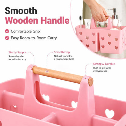 Pink Portable Shower Caddy with Wooden Handle, Plastic Shower Basket Organizer with Drainage Holes & 3 Compartments, Dorm Shower Caddy for College Students, Bathroom, Gym, Camping Toiletry Storage