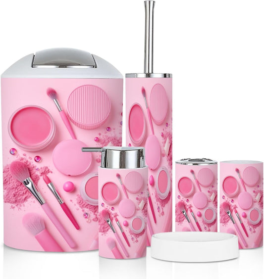 Bathroom Accessory Set 6PCS Pink Makeup Collection Brushes Powders Lipstick Trash Can, Soap Dispenser, Toothbrush Holder, Toothbrush Cup, Toilet Brush Holder, Soap Dish for Gifts