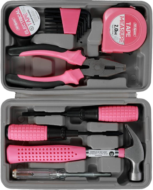 13/24Pcs Household Repair Tool Kit Multi-Purpose Pink Home Hand Tool Set with Storage Case Hammer and Allen Key Set with Electrical Tape Screwdriver Test Pen Plier Bits QUZHEMA_US