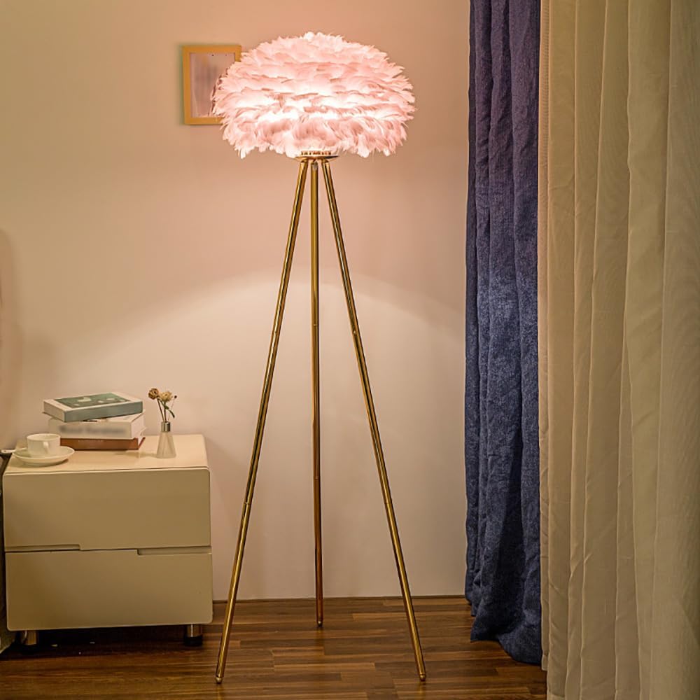 Meefad Feather Floor Lamp Metal Tripod Floor Lamp Modern Standing Light with Pink Feather Shade Elegant Floor Reading Lamp for Study Room Bedroom Living Room