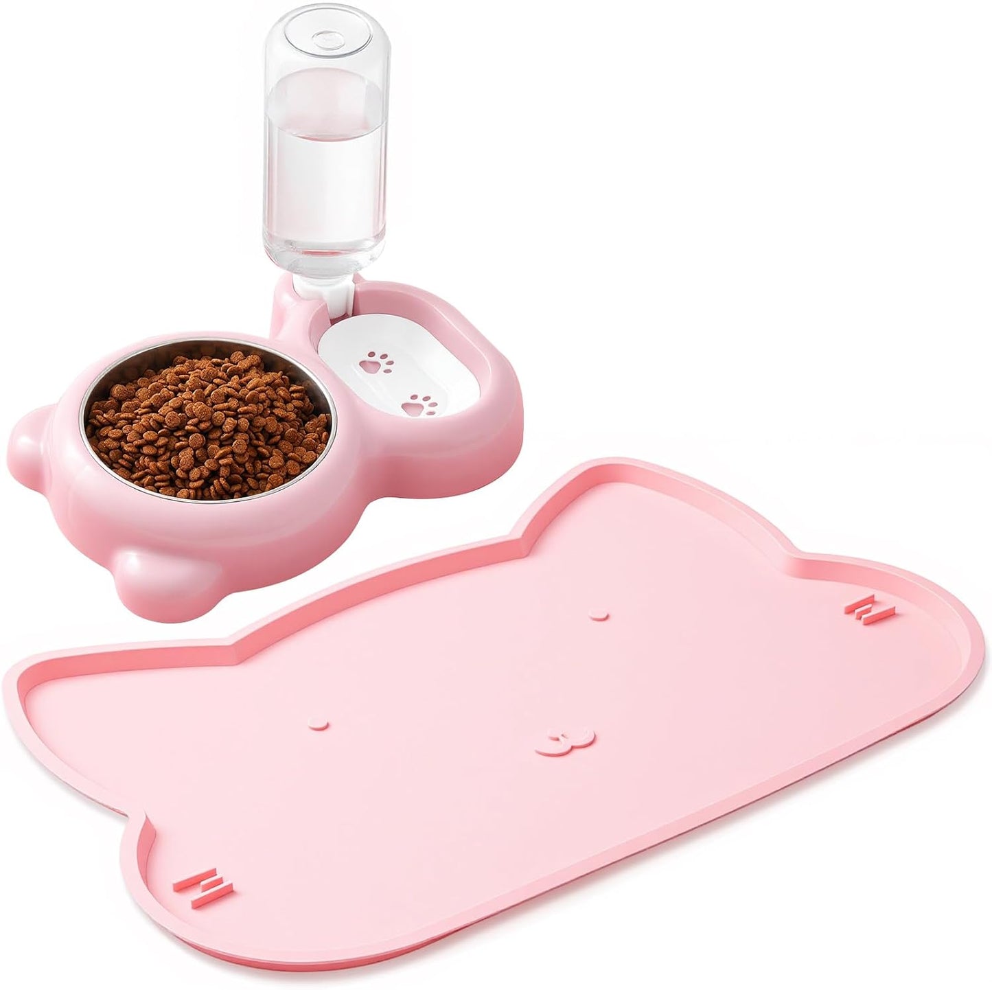 Pink Cat Food and Water Bowl and Non-Slip Silicone Mat Set Stainless Steel Food Bowl with 18.6oz Large Capacity Water Dispenser for Cats and Small Dogs