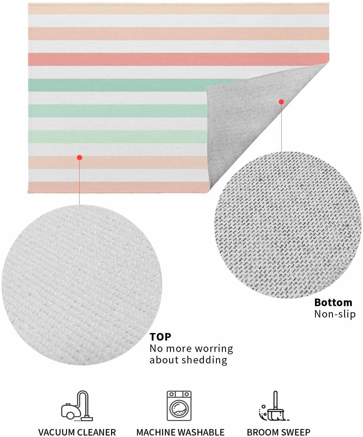 Front Door Mat Outdoor, Peach Pink Green Ombre Absorbent Non Slip Indoor Entry Rug, Farmhouse Stripe Modern Low-Profile Doormat Washable Rugs for Bathroom, Kitchen, 24x36in