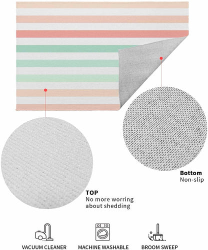 Front Door Mat Outdoor, Peach Pink Green Ombre Absorbent Non Slip Indoor Entry Rug, Farmhouse Stripe Modern Low-Profile Doormat Washable Rugs for Bathroom, Kitchen, 24x36in