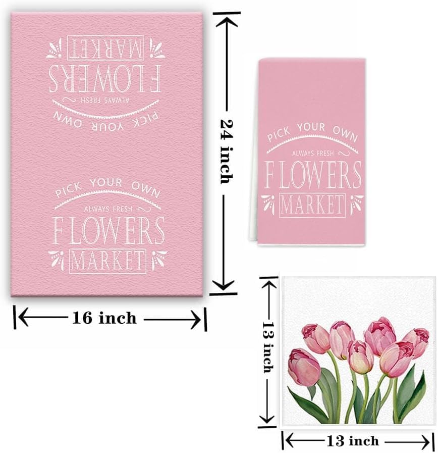 Tulip Spring Kitchen Towels Dish Towels, Pink Flowers Hand Towels 16x24 Inch Farmhouse Decoration Hand Towels Set of 3