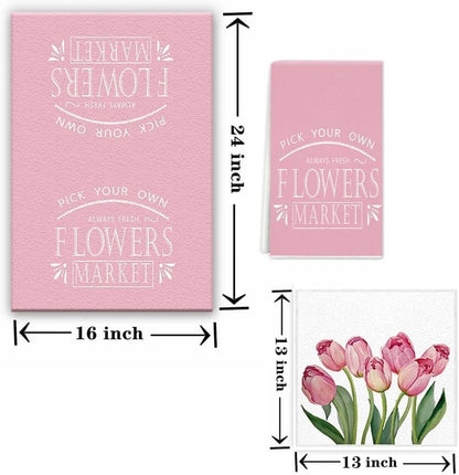 Tulip Spring Kitchen Towels Dish Towels, Pink Flowers Hand Towels 16x24 Inch Farmhouse Decoration Hand Towels Set of 3