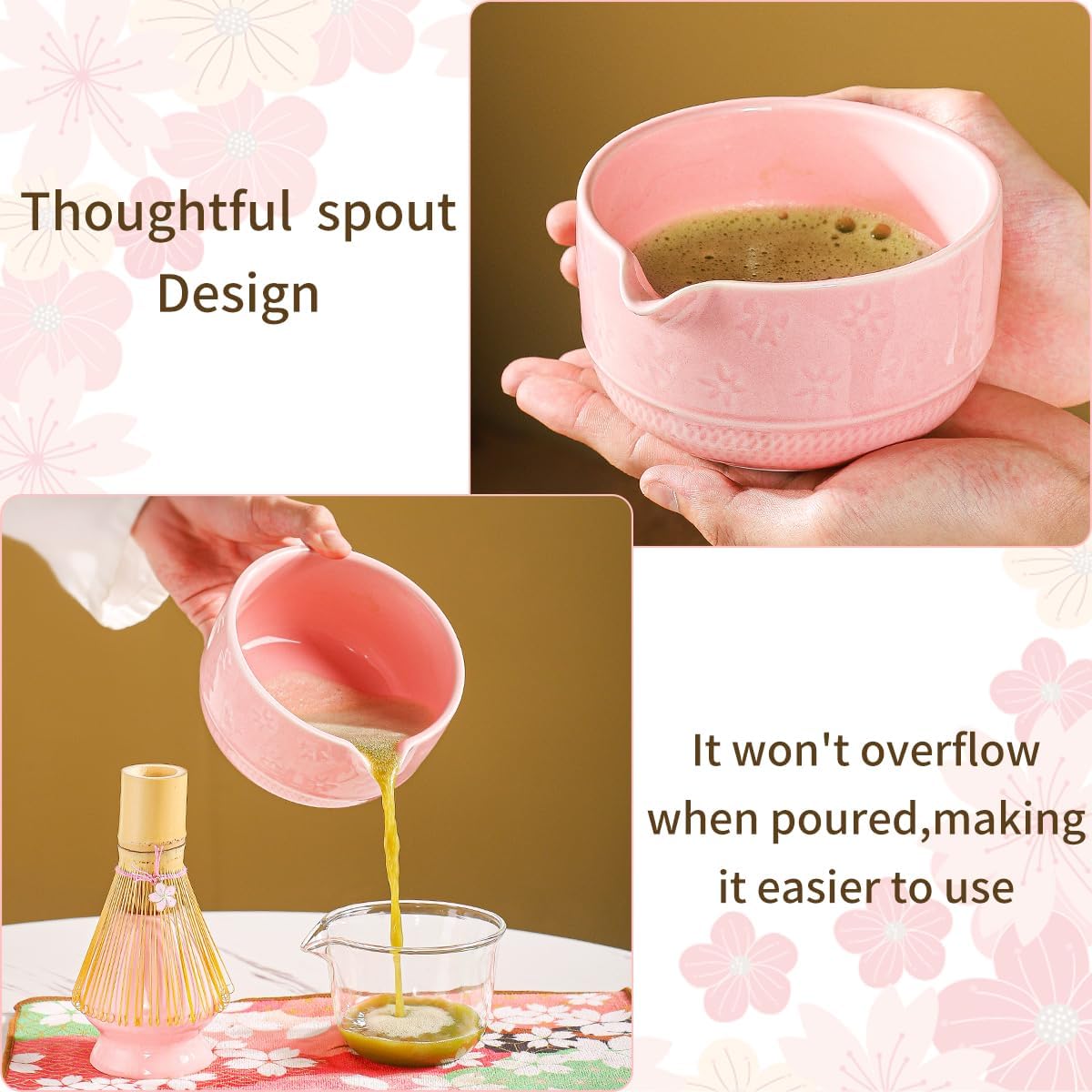 8-Piece Matcha Tea Set with Ceramic Bowls (Flower Pattern), Bamboo Whisk, Scoop, Spoon & Pink Sakura Gift Box – Traditional Japanese Matcha Whisking Kit for Tea Lovers (pink)