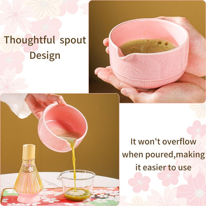 8-Piece Matcha Tea Set with Ceramic Bowls (Flower Pattern), Bamboo Whisk, Scoop, Spoon & Pink Sakura Gift Box – Traditional Japanese Matcha Whisking Kit for Tea Lovers (pink)