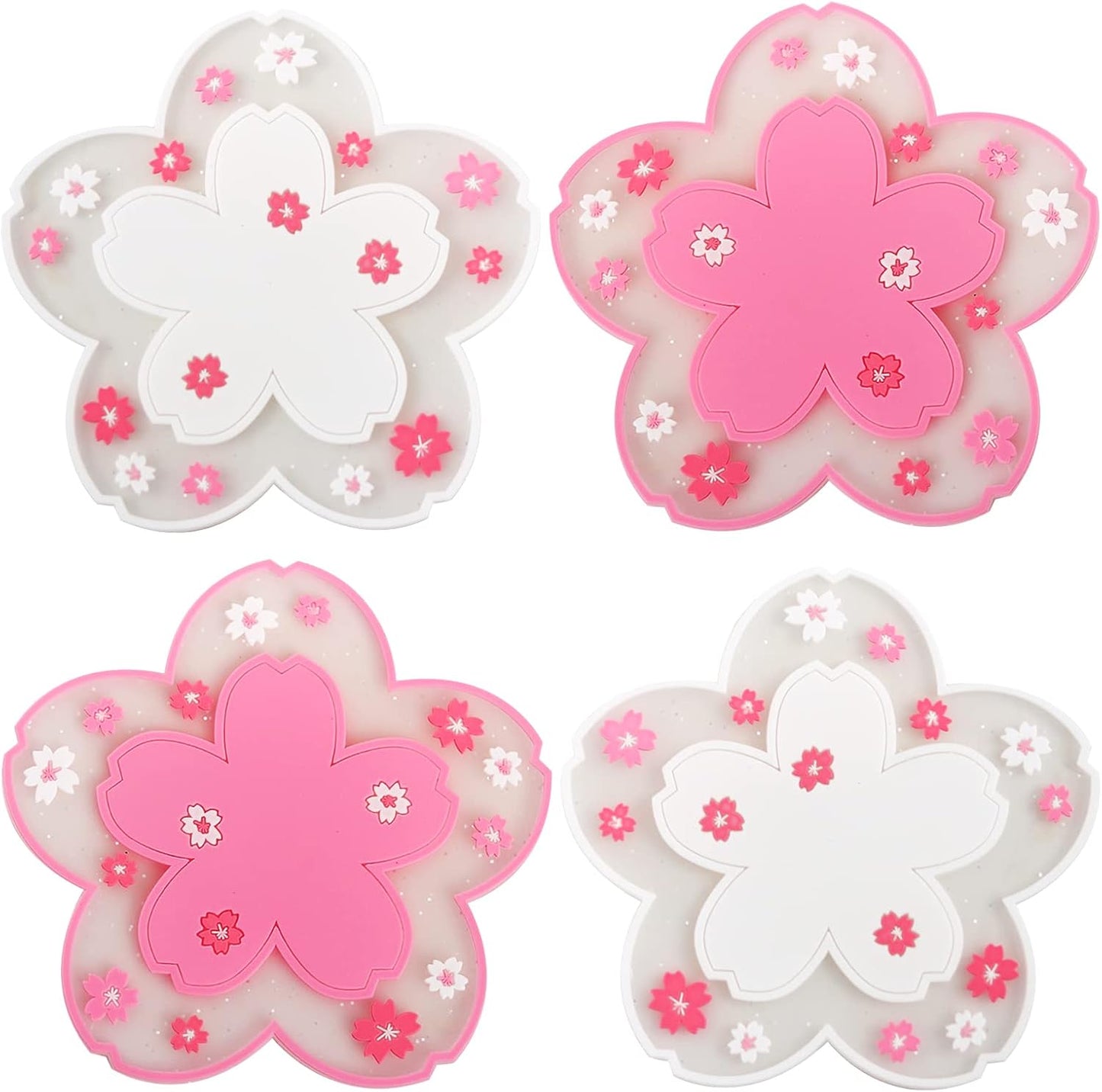 Coasters for Drinks Set of 4 Silicon Cup Coasters Cute Pink Cup Mats Cherry Blossom Coaster, Table Cup Mat for Drinks, Coffee, Tea (4.5in)