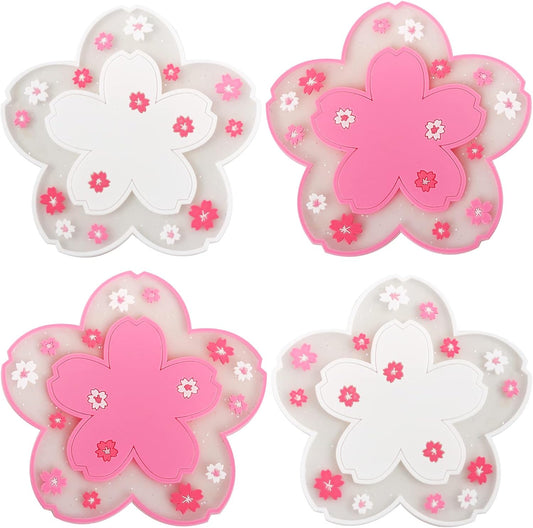 Coasters for Drinks Set of 4 Silicon Cup Coasters Cute Pink Cup Mats Cherry Blossom Coaster, Table Cup Mat for Drinks, Coffee, Tea (4.5in)