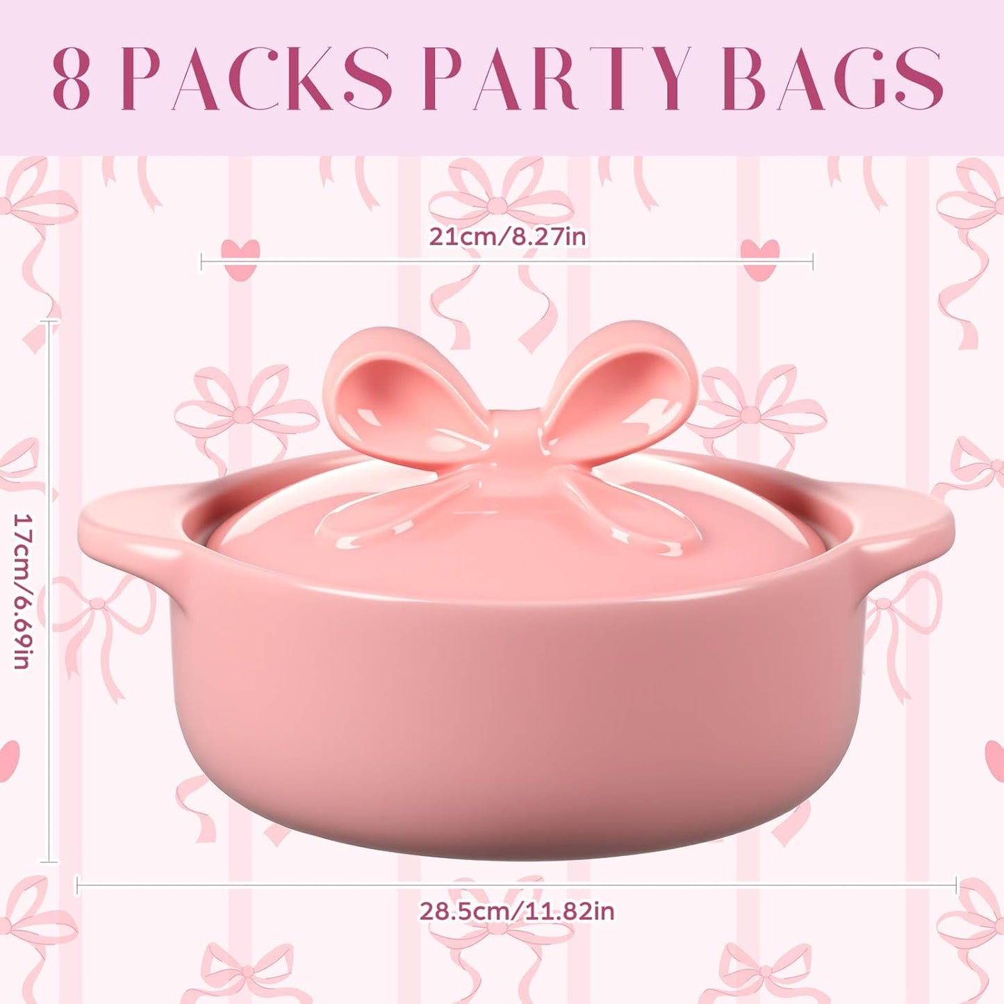 LemonRoad Pink Ceramic Casserole Dish with Lid 2.64 Qt Dutch Oven Pot with Bow Lid Dual Handles Stovetop Safe Braiser, Soup Pot for Baking, Roasting, Serving, Stew Rice Stylish Cookware